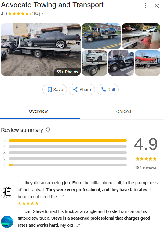 Advocate Towing and Transport Google profile after: 164 reviews