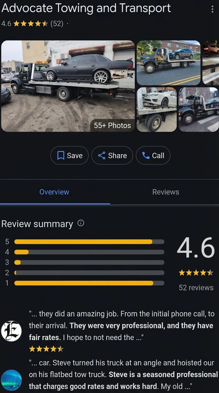 Advocate Towing and Transport Google profile before: 52 reviews