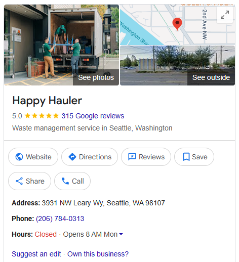 Happy Hauler Google profile after: 315 reviews
