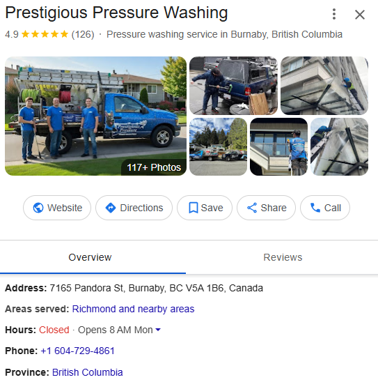 Prestigious Pressure Washing Google profile after: 126 reviews