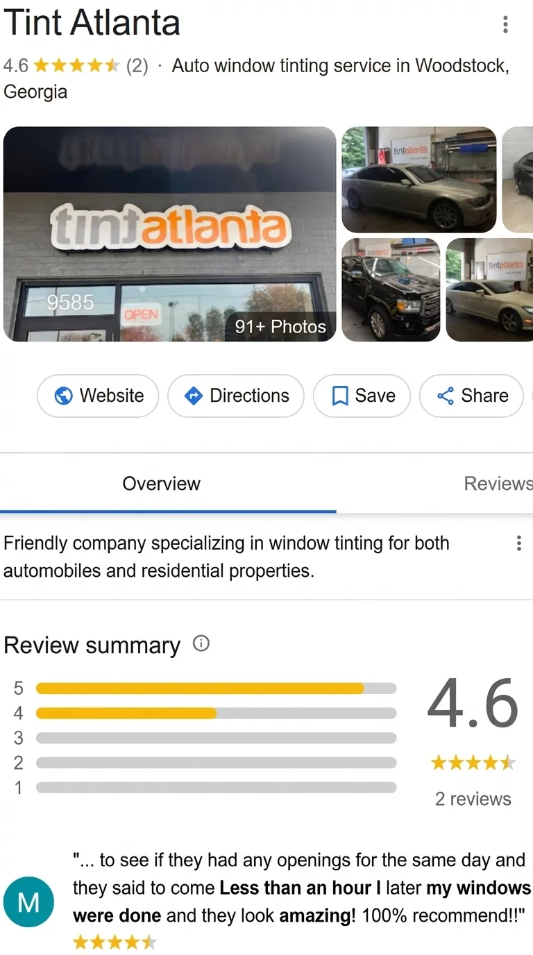 Tint Atlanta Google profile before: 2 reviews