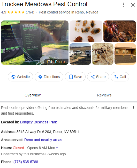 Truckee Meadows Pest Control Google profile after: 764 reviews