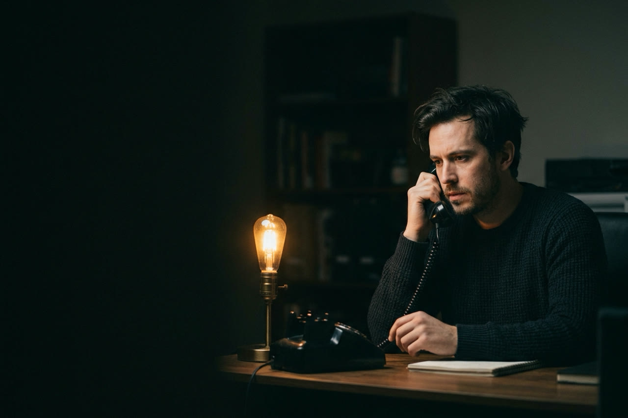 One person at a desk at night, focused on a phone call, lit by a single lamp.
