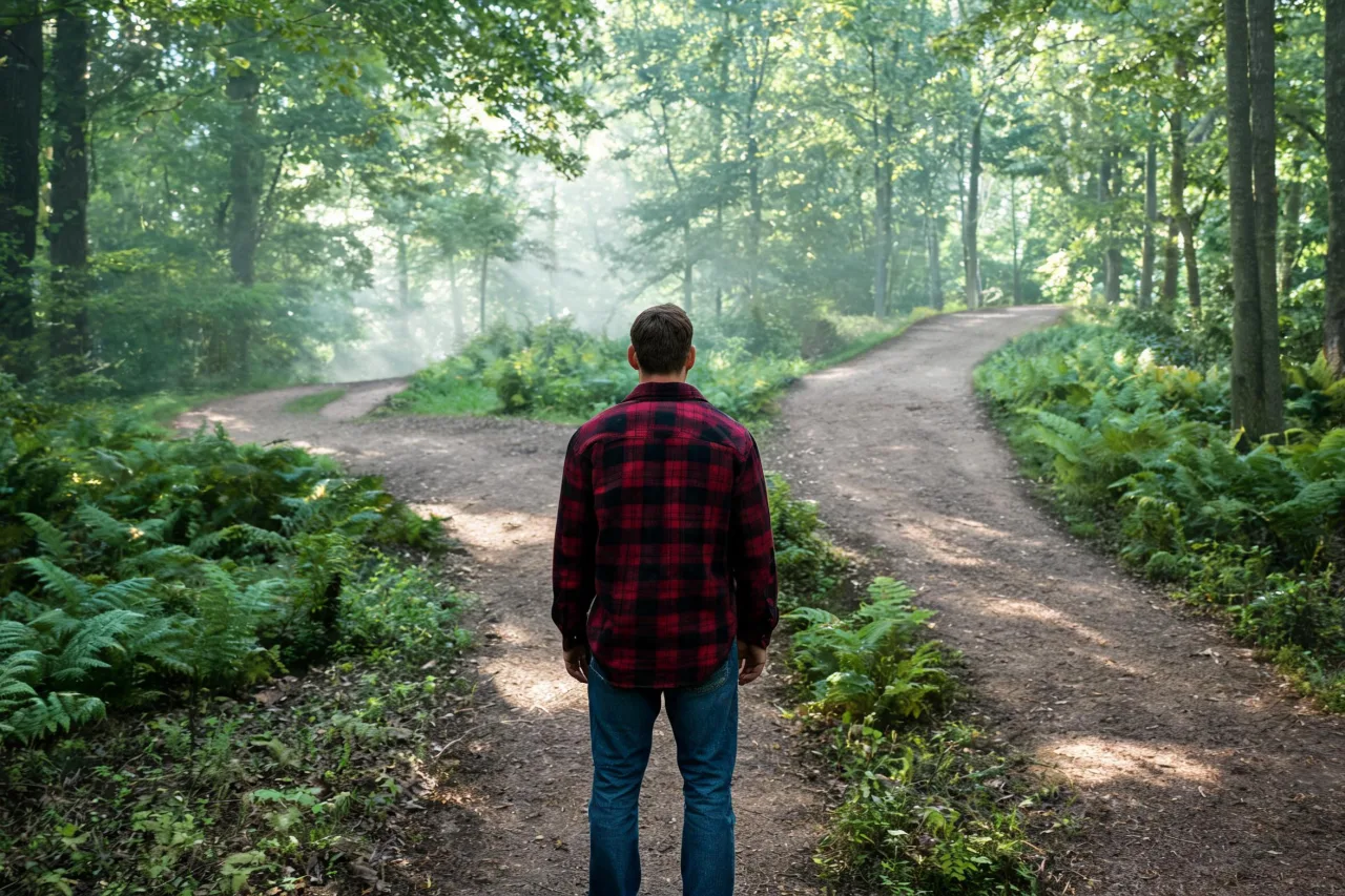A man standing where a forest trail forks, deciding which way to take.