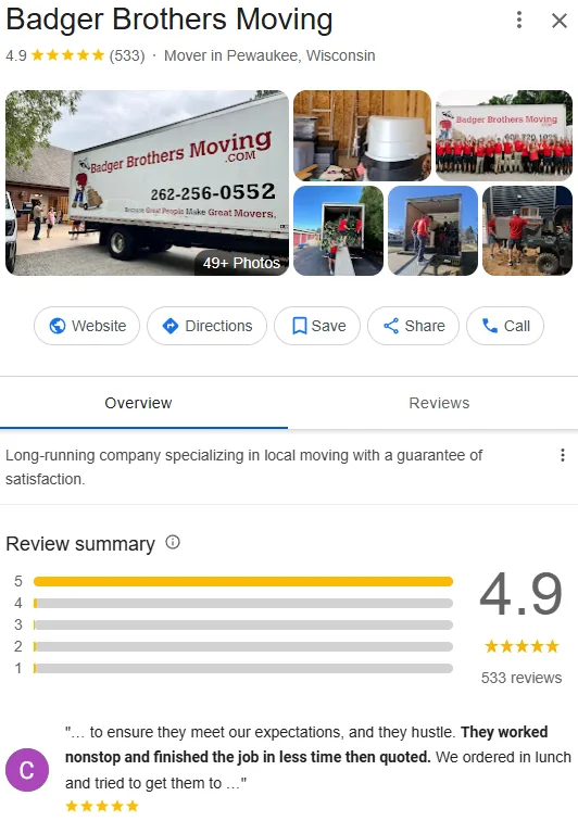 Badger Brothers Moving Google Business Profile after