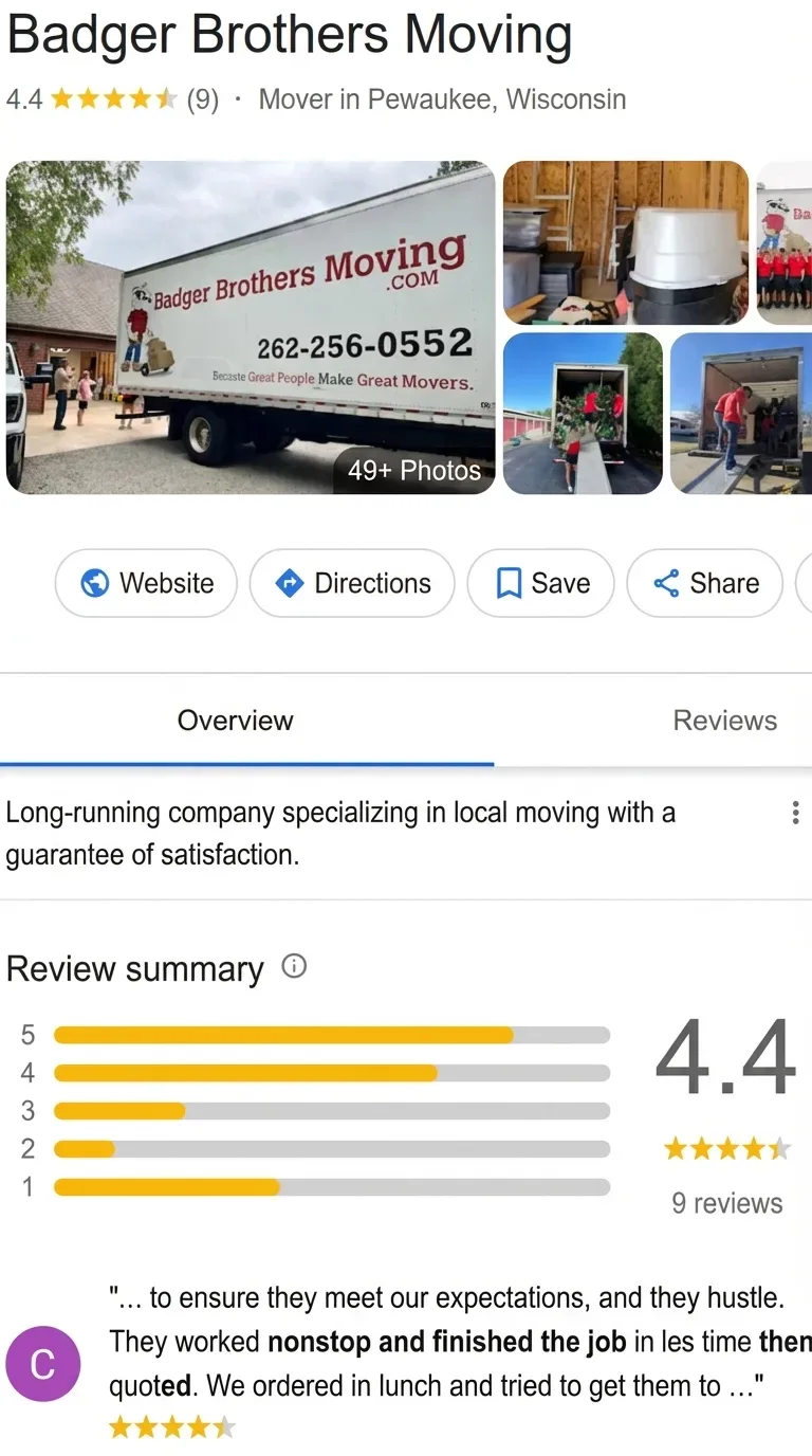 Badger Brothers Moving Google Business Profile before