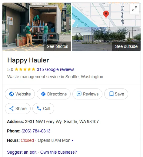 Happy Hauler Google Business Profile after