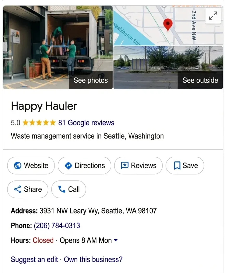 Happy Hauler Google Business Profile before