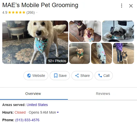 MAE's Mobile Pet Grooming Google Business Profile after