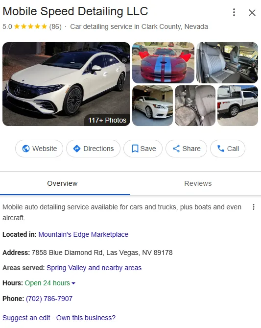 Mobile Speed Detailing LLC Google Business Profile after