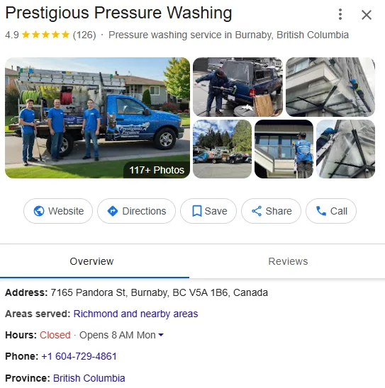 Prestigious Pressure Washing Google Business Profile after