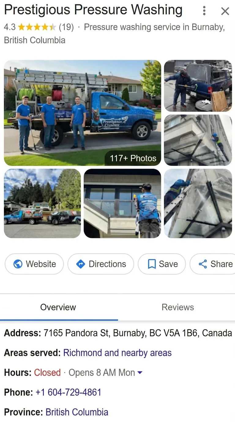 Prestigious Pressure Washing Google Business Profile before