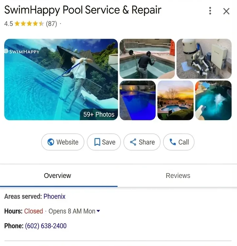 SwimHappy Pool Service & Repair Google Business Profile before