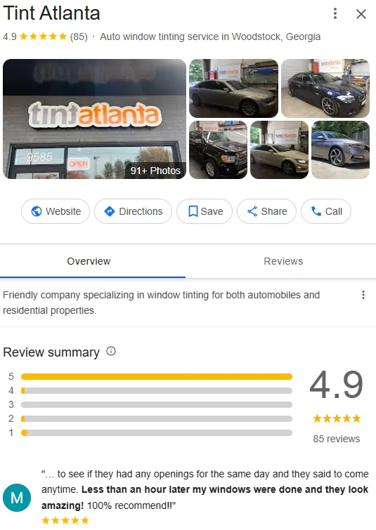 Tint Atlanta Google Business Profile after
