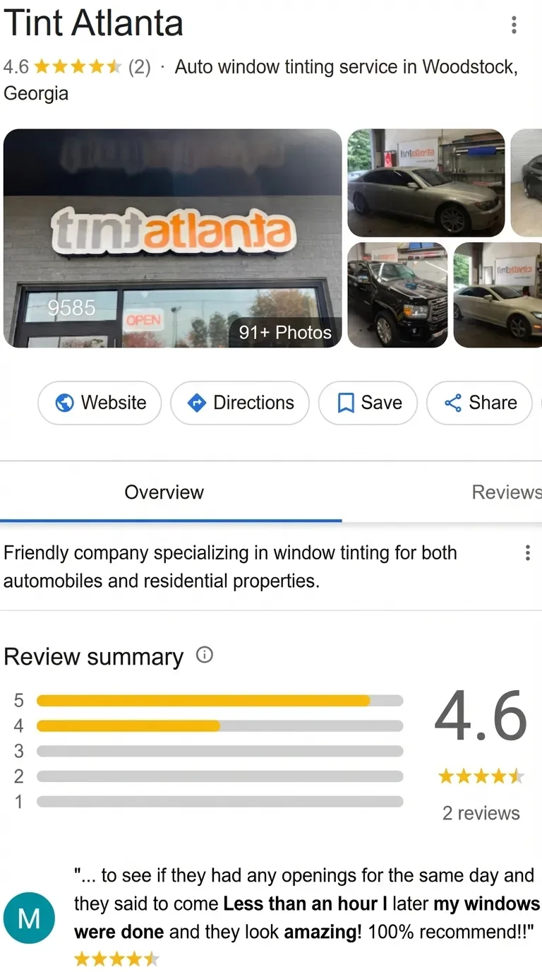 Tint Atlanta Google Business Profile before