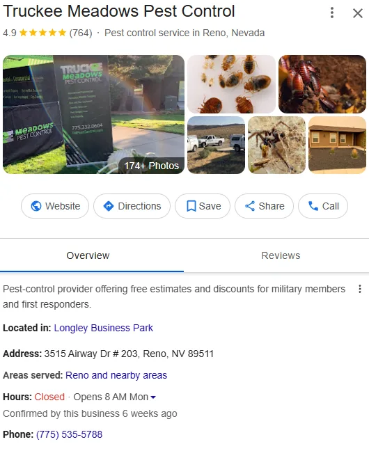 Truckee Meadows Pest Control Google Business Profile after