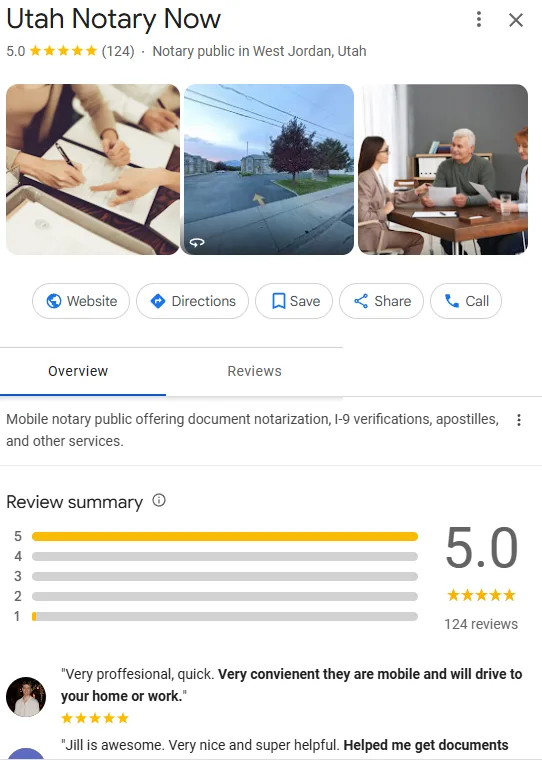 Utah Notary Now Google Business Profile after