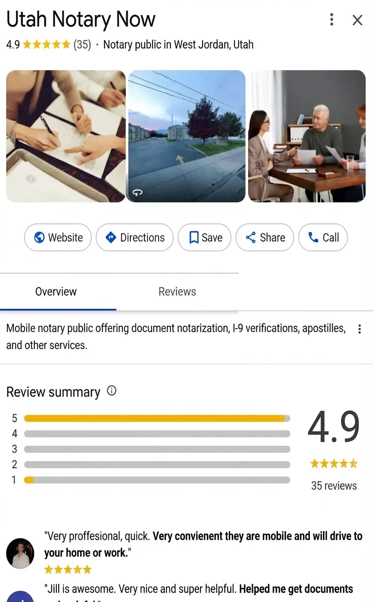 Utah Notary Now Google Business Profile before