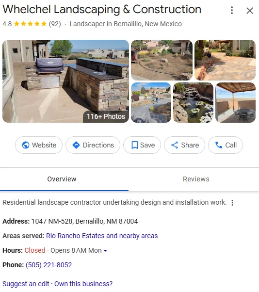 Whelchel Landscaping & Construction Google Business Profile after